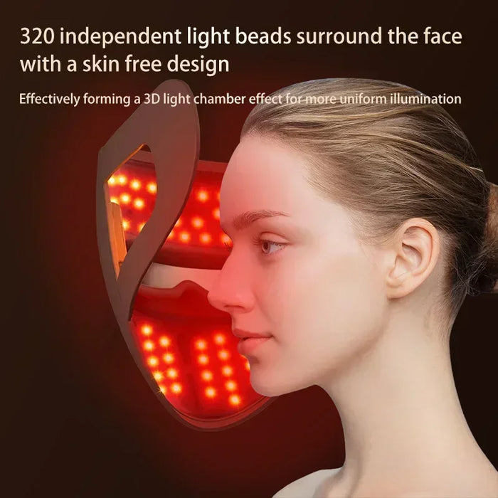 Silicone LED Face Mask - 7 Colors Red Light Therapy for Skin Rejuvenation - A close-up image of a woman wearing a silicone LED face mask with red light therapy for skin rejuvenation, emitting a soft red glow and providing advanced skincare treatment