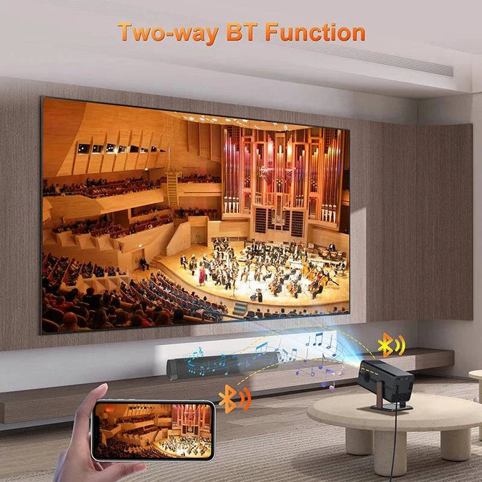 Black 500 ANSI 4K Android 13 Mini Projector with high resolution and Android OS