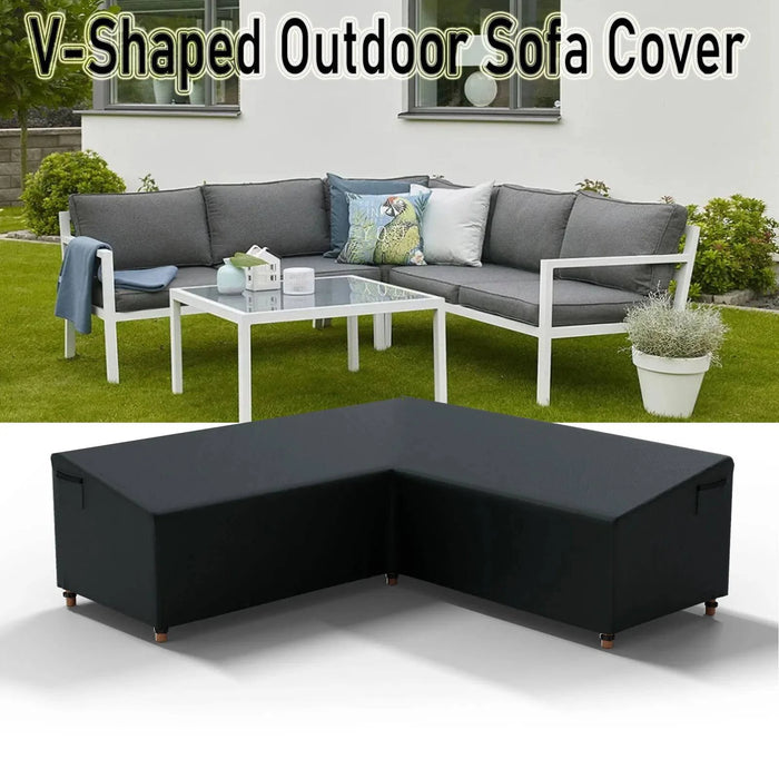 Waterproof black sectional sofa cover with V-shaped design, 420D material Dimensions 228x228x85x78cm
