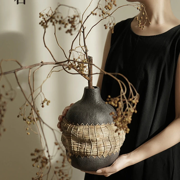 Decorative Resin Flower Vase with Rattan Patchwork Design