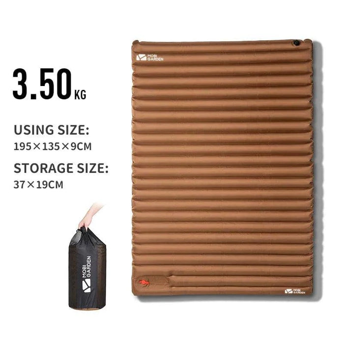 Brown double-sized camping air mat with storage bag and repair patch included