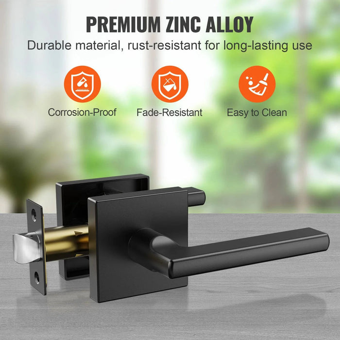 Matte black passage door handle lever set with 5 pieces, left/right reversible, square design