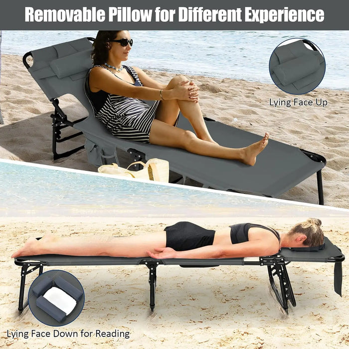 Portable Beach Lounge Chair with Face Opening, Removable Pillow & 5 Reclining Positions