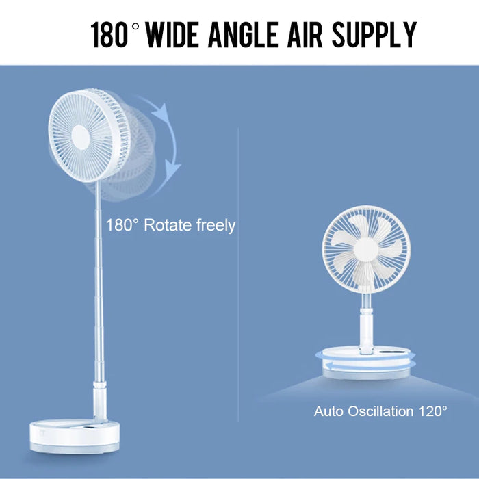 Portable fan with 10800mAh battery, white color, foldable design, USB rechargeable, and remote control