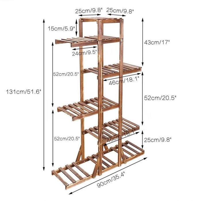 Six-tier natural pine wood plant stand with multiple shelves for plants and pots