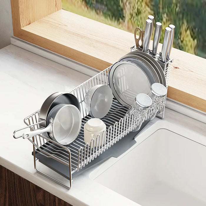 Stainless Steel Dish Drying Rack with Drainboard & Utensil Holder