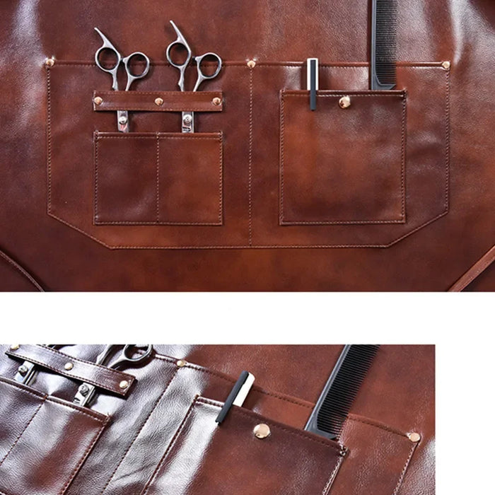 Brown PU leather waterproof barbershop apron with crossback design
