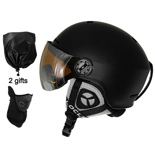 Skiing Helmet with Integrated Goggles for Men, Women, and Children, Black, Size Medium, PC outer shell and EPS inner foam, ultralight design, orange lens, ventilation system, magic buckle connection, storage advice