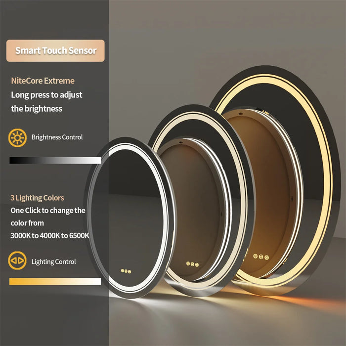 Modern oval frameless LED bathroom mirror with dimming and defog features