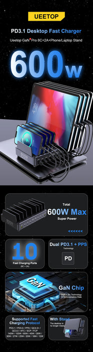 10-Port GaN USB Charger Stand for Laptop and Phone
