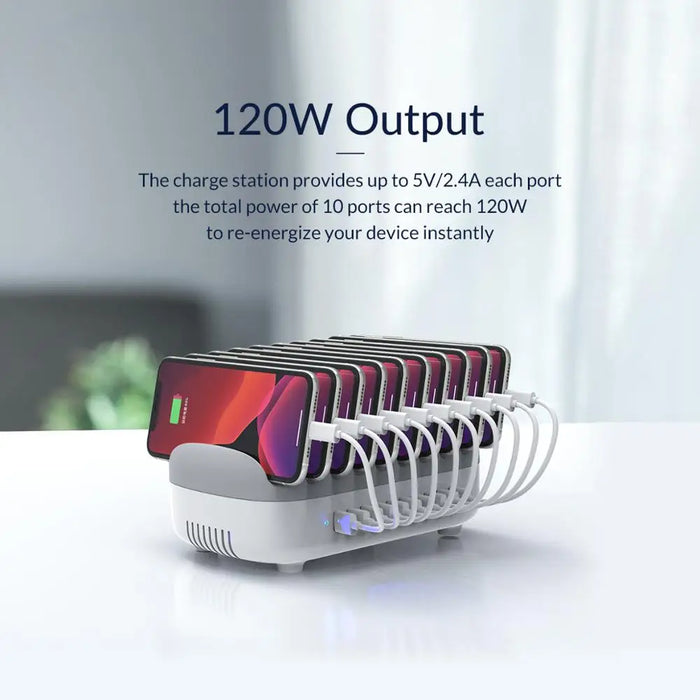10 Port USB Charging Station 120W Fast Charge White