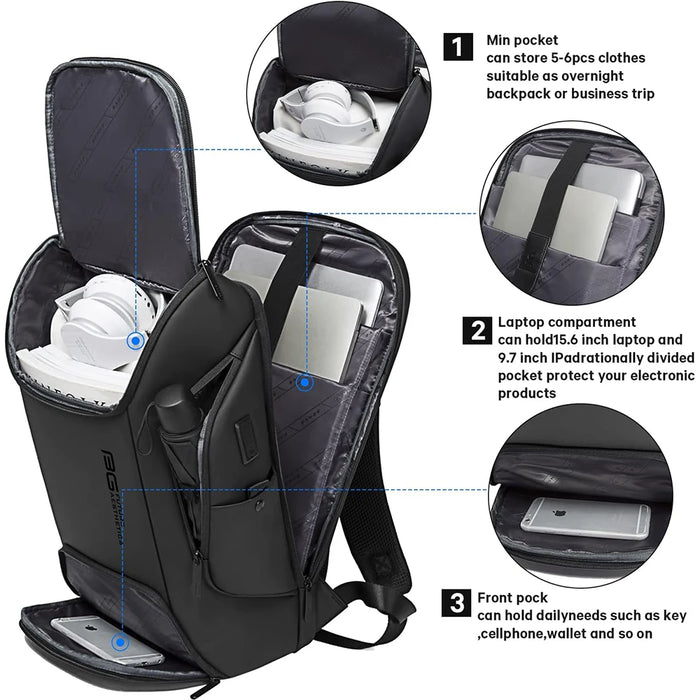 Black, waterproof travel bag with dedicated laptop compartment and air cushion belt