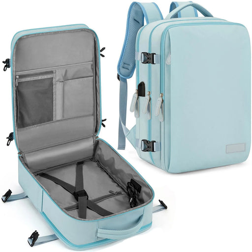 Expandable Sky Blue Travel Backpack with USB Port and Waterproof Oxford Material