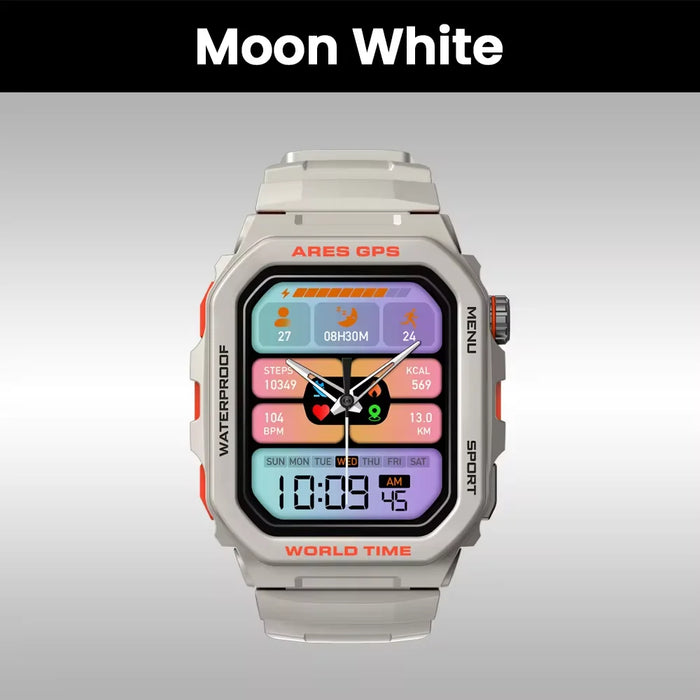 White GPS smartwatch with Bluetooth calls, Alexa, heart rate, and SpO₂ tracking