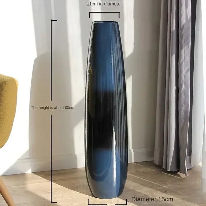 Large Ceramic Floor-standing Vase with Flower-B, Blue Black Decorative Accent