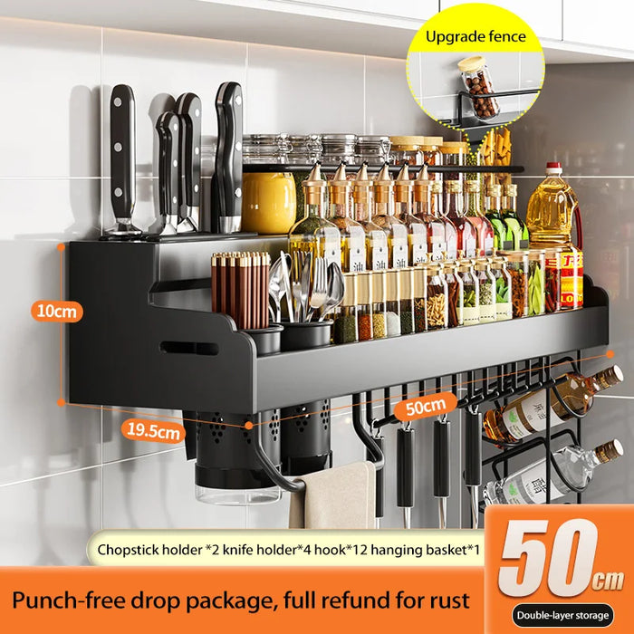 Double-Layer Wall-Mounted Kitchen Spice & Knife Storage Rack