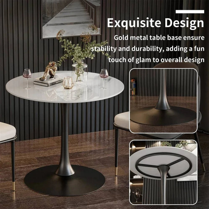 78cm Round Kitchen Dining Table with Sintered Stone Top and Pedestal Base in White and Black