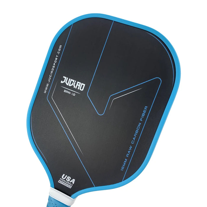 Blue pickleball paddle with cover, made of carbon fiber T700, USAPA approved, featuring spin textured surface for enhanced performance