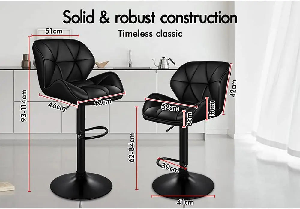 2-Piece Adjustable Bar Stools 360° Swivel PU Leather Chairs with Footrest & Wide Base Black