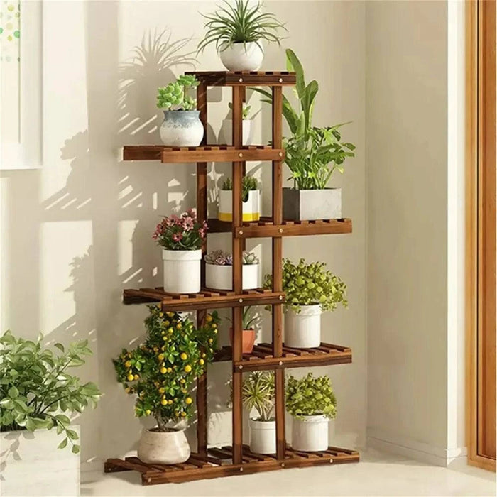6-Tier Natural Pine Wood Plant Stand - Tall Freestanding Multiple Plant Display Shelf