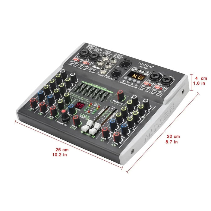 Mini 6 Channel Bluetooth Audio Mixer with 48V, 99 DSP, USB Recording for Karaoke - FLUXA