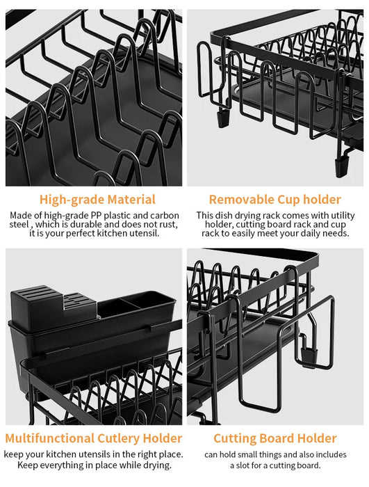 Expandable Dish Drying Rack with Drainboard and Utensil Holder – Black, 3-Piece Set: Convenient and spacious dish drying rack with built-in drainboard