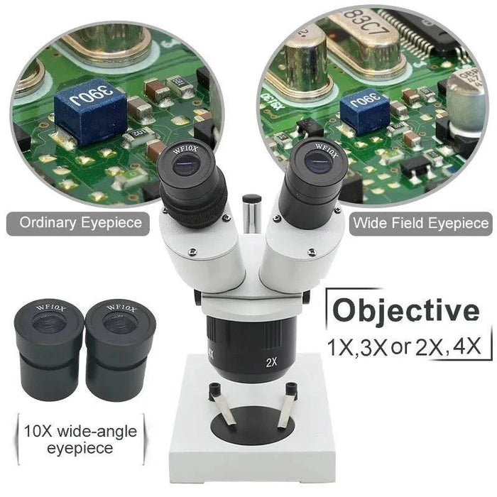 Professional stereo microscope with 10X and 20X magnification for high precision PCB inspection and soldering repair under ring light