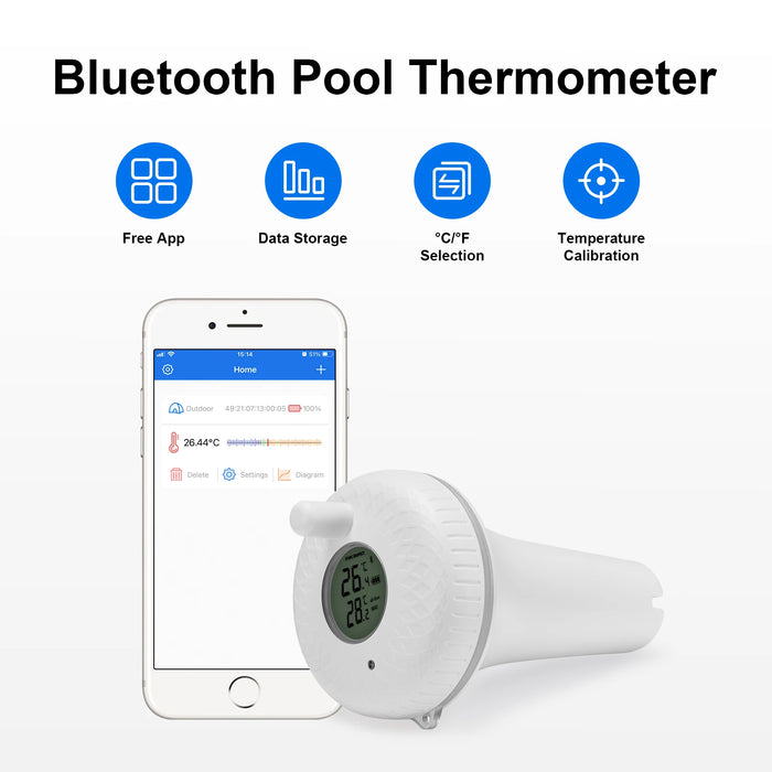 Bluetooth floating pool thermometer with IPX7 waterproof digital display for fish pond, aquarium, hot tub, and swimming pool