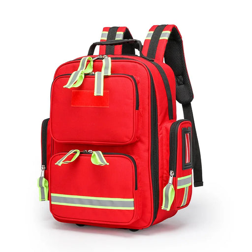 Empty red first aid backpack made from waterproof Oxford cloth