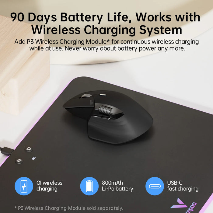 Rechargeable 800mAh lithium-polymer battery lasting up to 90 days