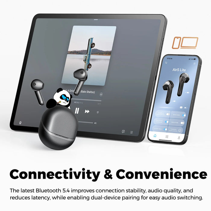 Close-up of White Air5 Lite Bluetooth V54 Earbuds 13mm Driver IPX5 Waterproof LDAC Hi-Res Audio Multipoint Pairing earbuds with AI noise cancellation microphones