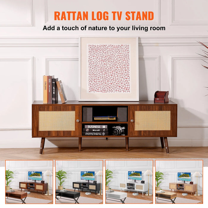 66-inch black rattan TV stand with mid-century modern design and built-in socket and USB ports