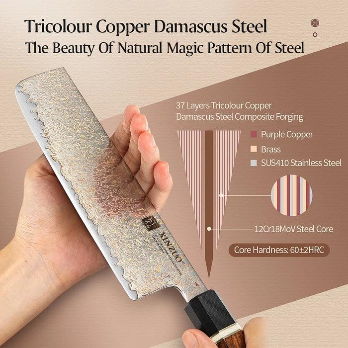 Nakiri Kitchen Knife, 7" Damascus Blade with Wood Cover