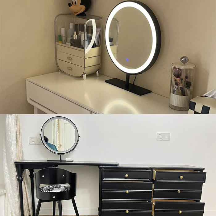 Elegant gold metal frame LED makeup mirror with 30cm round mirror
