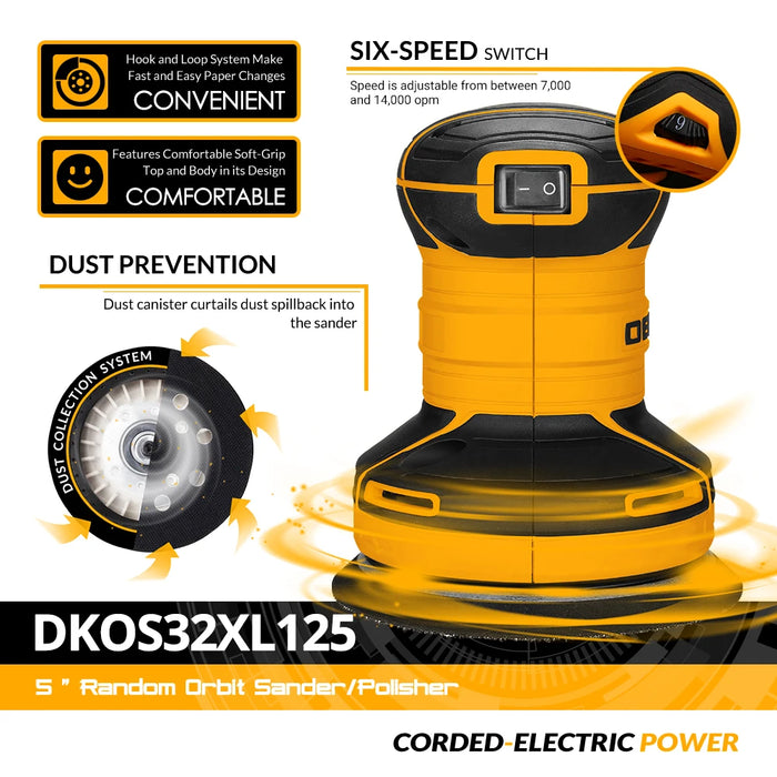 Random Orbit Sander 320W 14000RPM Dust Collection Polisher for Home DIY Carpentry