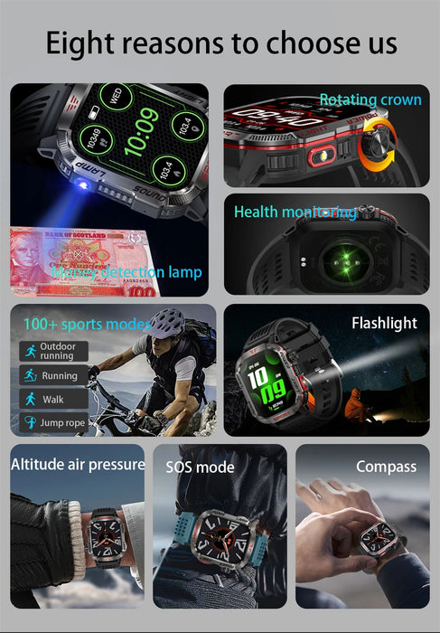 Outdoor Sports Smartwatch with Compass, Flashlight & Bluetooth Call – Black Silicone