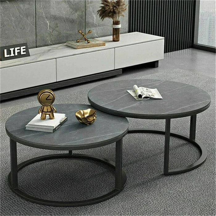 Large and small nesting tables with durable sintered stone surfaces