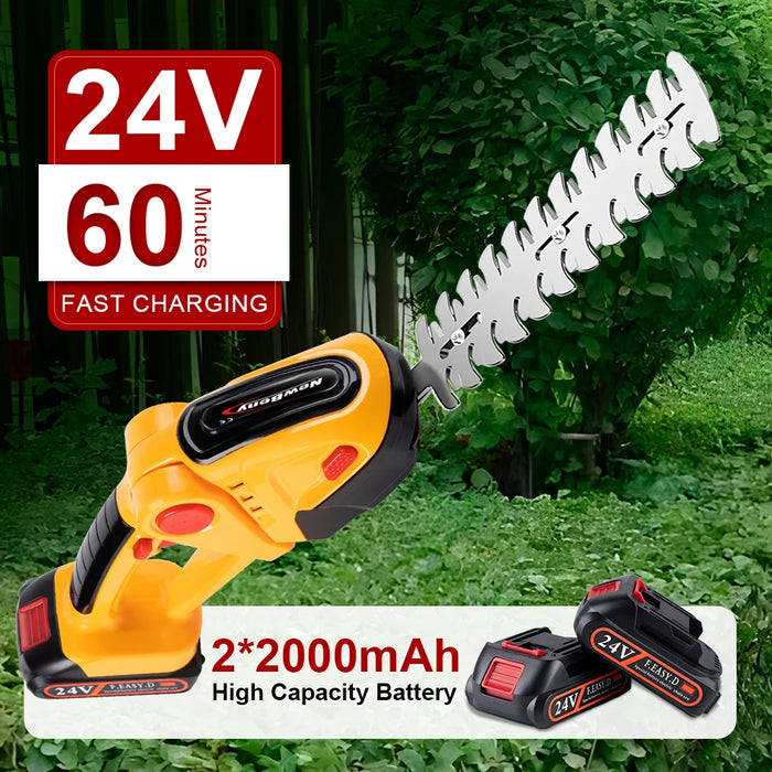 Electric hedge trimmer package with rechargeable battery, charger, and user manual