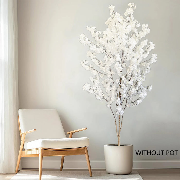 Tall Artificial Cherry Blossom Tree – White Silk Flowers, Natural Trunk, Faux Indoor Decoration for Home & Events, 180cm