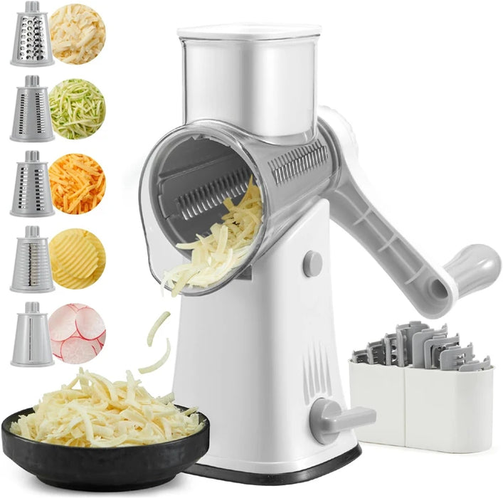 5 in 1 Rotary Cheese Grater Vegetable Slicer and Nut Chopper - White product in use, grating cheese and slicing vegetables for cooking