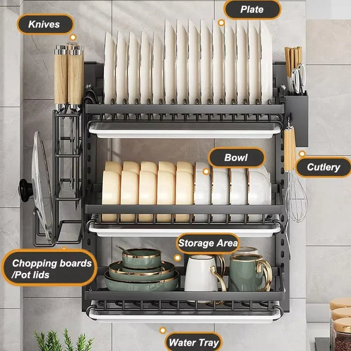 Multifunctional Wall-Mounted Kitchen Dish Rack with Drainboard Holder