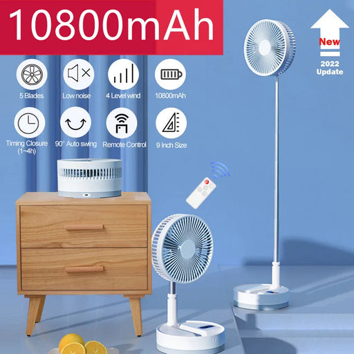 White folding rechargeable portable fan with 10800mAh battery, USB, and remote control
