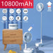 White folding rechargeable portable fan with 10800mAh battery, USB, and remote control