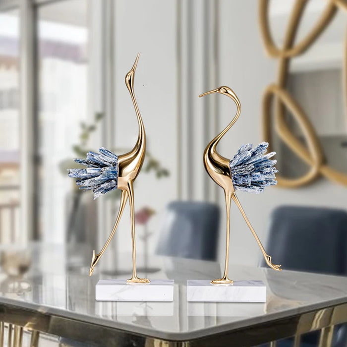 Decorative Swan Statue – Brass Body, Crystal Tail, Marble Base