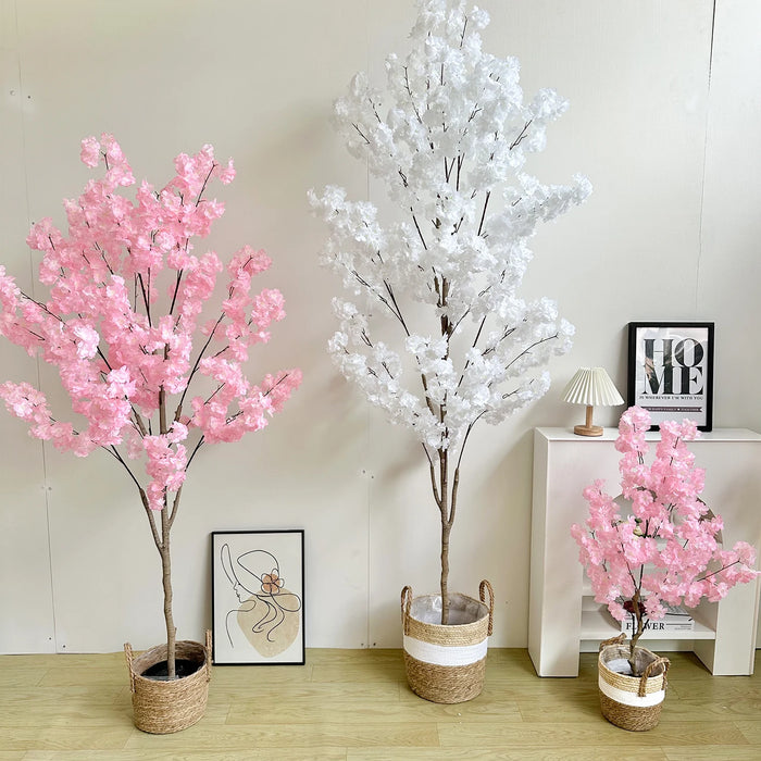 Tall Artificial Cherry Blossom Tree – White Silk Flowers, Natural Trunk, Faux Indoor Decoration for Home & Events, 180cm