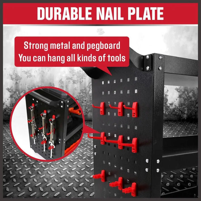 Heavy Duty Tool Cart Trolley 150kg Capacity, Pegboard, Swivel Lock Wheels & Side Tool Tray