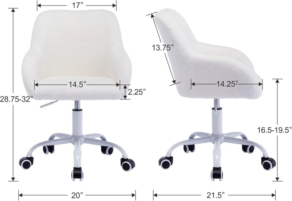 Adjustable Swivel Desk Chair Plush Faux Fur Upholstery with White Wheels for Home or Study Room