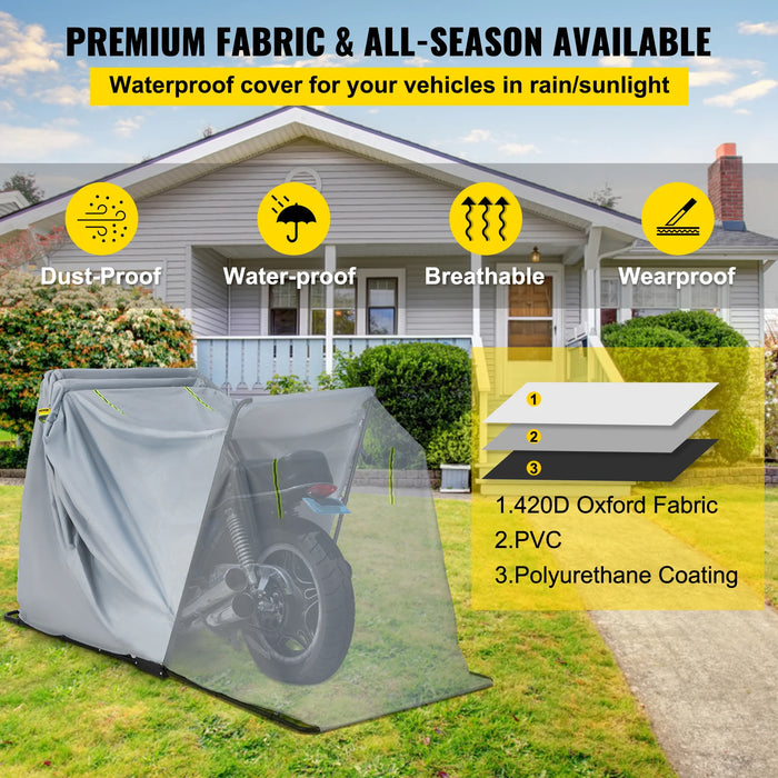 Waterproof Motorcycle Shelter 420D Oxford Grey Shed - Heavy Duty, Anti-UV - Protect your motorcycle from the elements with this durable, UV-resistant shelter