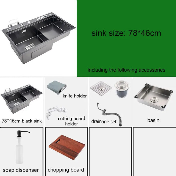 Multifunctional Stainless Steel Kitchen Sink with Faucet & Rack silver 75x45cm C