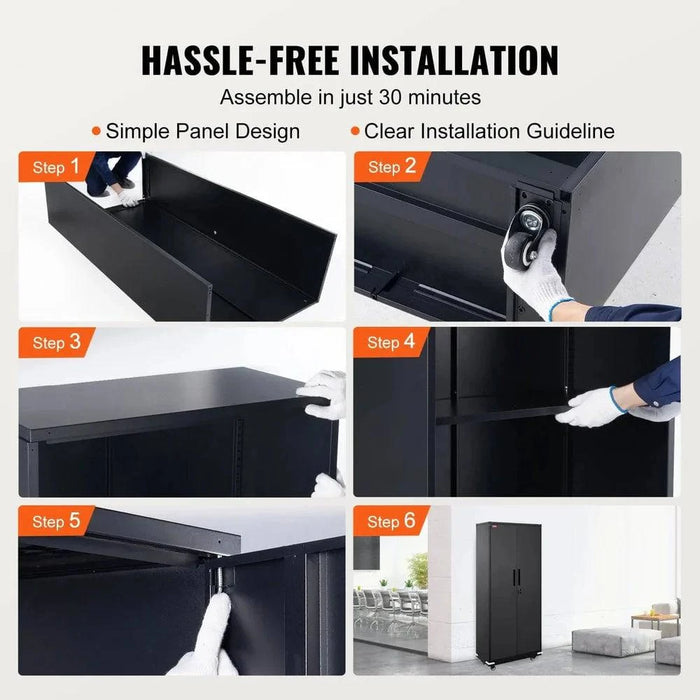 Metal storage cabinet with wheels and locking mechanism, 190 cm tall, 2 magnetic doors, 4 adjustable shelves, 90 kg capacity, 5 layers, black wheels